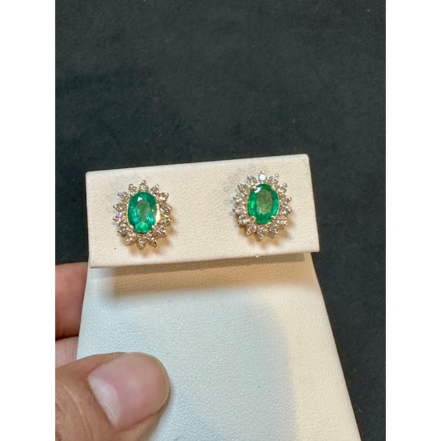 7 Ct Oval Shape Emerald & 1.5 Ct Diamond Post Back Earrings 14 Karat Yellow Gold For Sale - Image 9 of 18