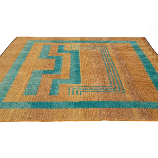 2010s Modern Deco Style Handmade Geometric Goldenrod and Teal Wool Rug For Sale - Image 5 of 9