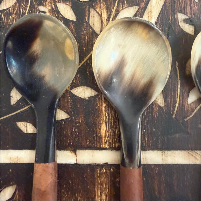 Set of 4 hand carved decorative horn spoons. They have hand carved teak handles. All natural coloration.