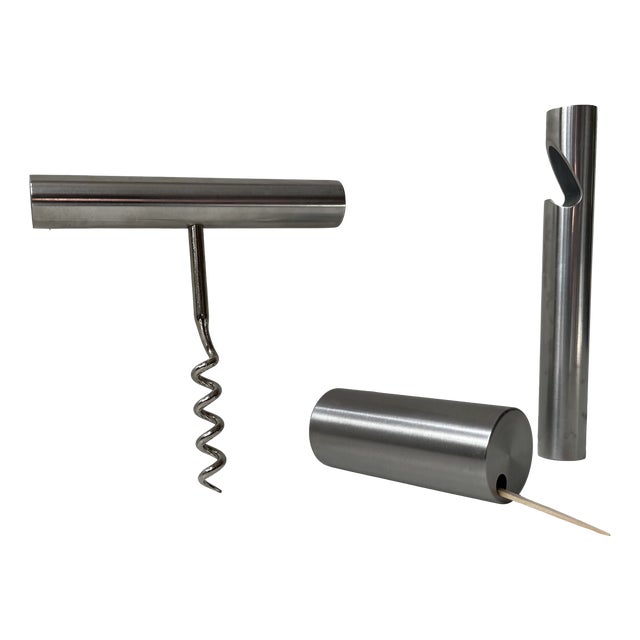 Corkscrew, Bottle Opener and Toothpick Dispenser by Arne Jacobsen for Stelton, 1990s, Set of 3 For Sale