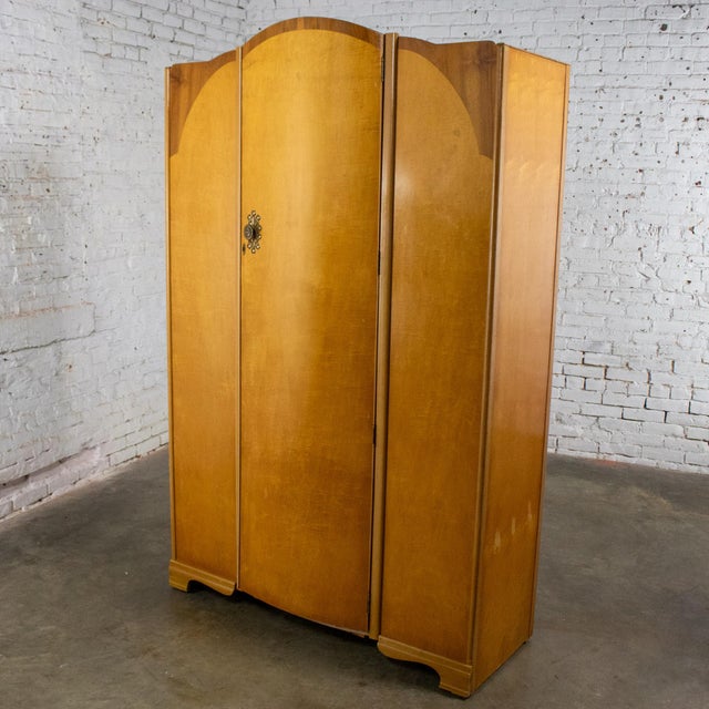 Art Deco Large Early to Mid-20th Century Vintage English Art Deco Style Wardrobe Burled Maple & Walnut Frame For Sale - Image 3 of 18