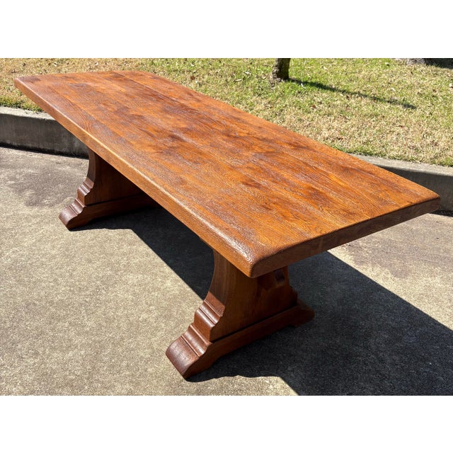 French Vintage Solid Plank Trestle Oak Farm Dining Table For Sale - Image 3 of 12