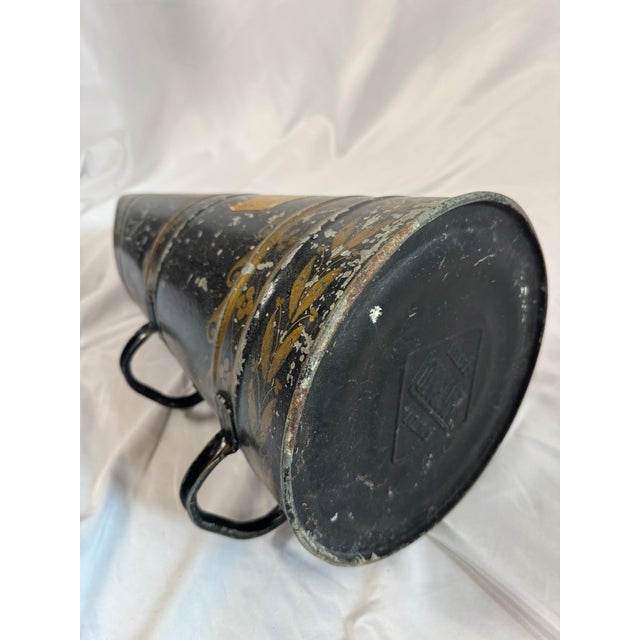 Black Antique English Tole Coal Helmet Scuttle, Beldray, Gilt Cherub Medallion, 24in For Sale - Image 8 of 13