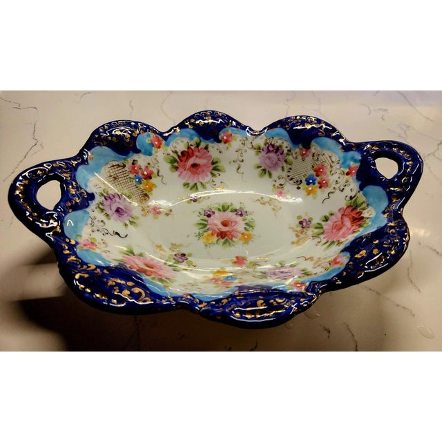 Ceramic Nippon Moriage Hand Painted Cobalt Blue Gilt Floral Oval Porcelain Dish 1910-30s For Sale - Image 7 of 8