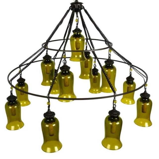 Spanish Revival Spanish Revival Wrought Iron & Olive Green Glass 10-Light Chandelier, Circa 1960s For Sale - Image 3 of 5