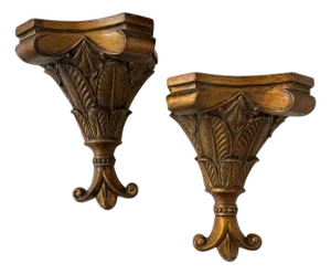 Vintage Burnished Gold Decorative Wall Brackets - A Pair