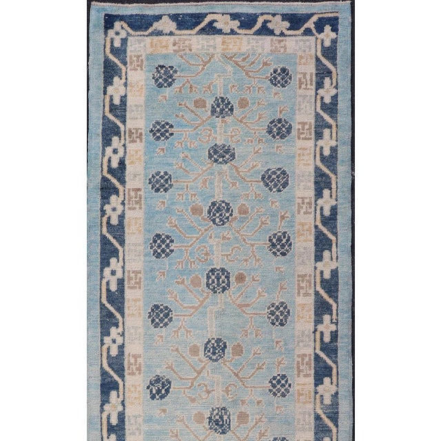 Turkish Khotan Designed Runner With Pomegranate Design in Cream, Tan and Blues For Sale - Image 4 of 11