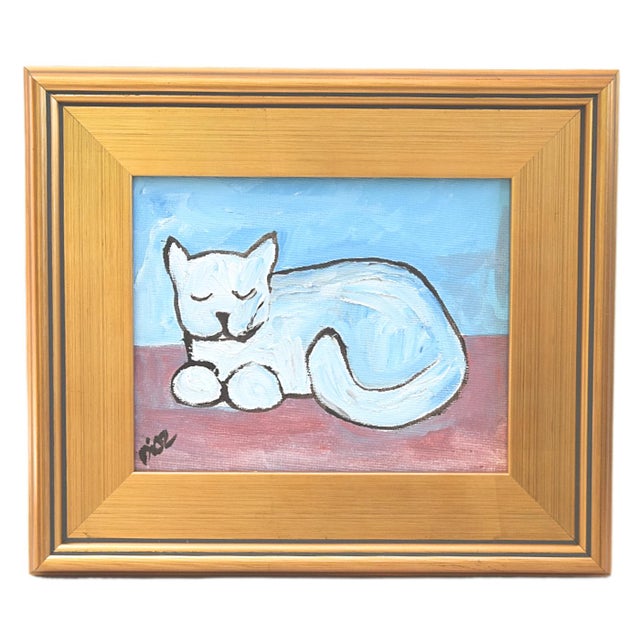 2020s Folk Art White Kitten Cat Portrait Painting Including the Antiqued Gold Wood Frame For Sale - Image 5 of 5