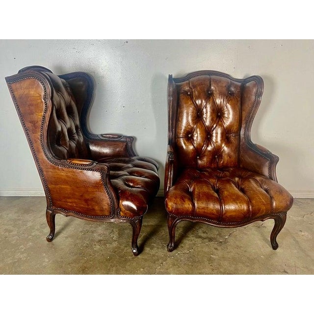 French Pair of French Leather Tufted Wingback Chairs C. 1930 For Sale - Image 3 of 13