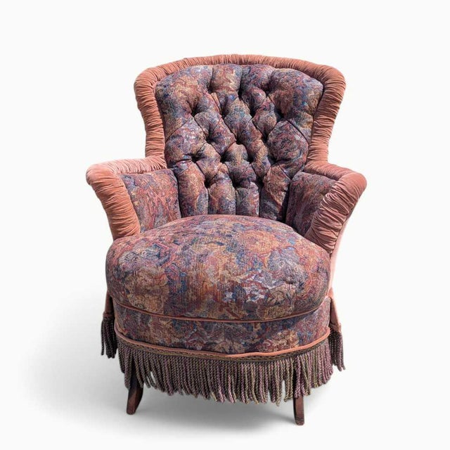 Antique Tufted Rocking Chair, Custom Upholstered Victorian Accent Chair With Fringe Trim & Floral Velvet Fabric For Sale - Image 11 of 12