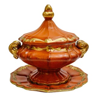 Vintage Mid-Century Italian Gilt Terracotta Tureen & Underplate For Sale