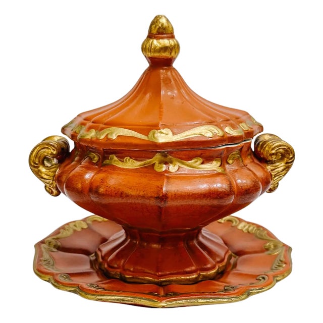 Vintage Mid-Century Italian Gilt Terracotta Tureen & Underplate For Sale