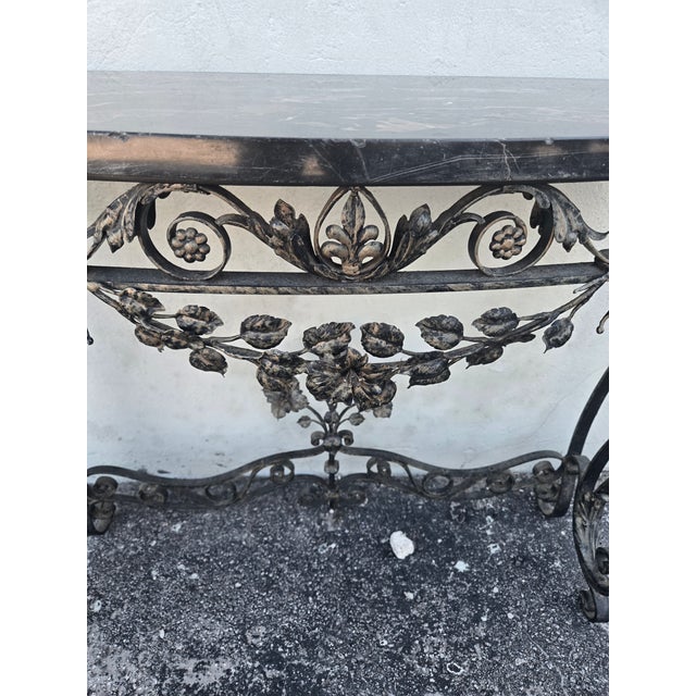 Art Deco 1920's French Wrought Iron Console Table Adorned W Flowers W Marble Top For Sale - Image 3 of 10