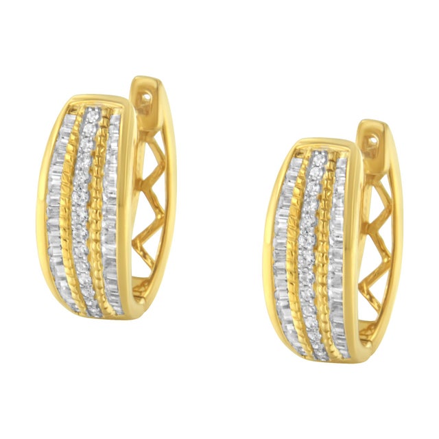 10K Yellow Gold 3/4 Cttw Pave and Channel Set Diamond Triple Row Modern Hoop Earrings (I-J Color, I2-I3 Clarity) For Sale - Image 4 of 6
