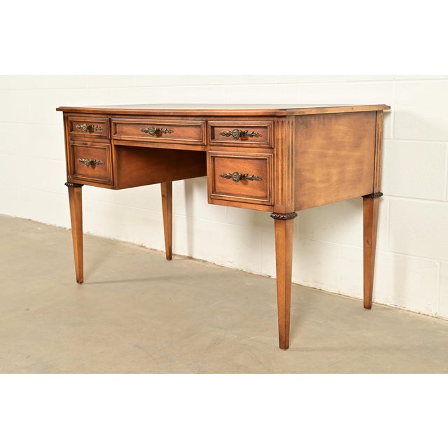 French Sligh Furniture French Regency Louis XVI Carved Walnut Leather Top Writing Desk, Circa 1960s For Sale - Image 3 of 14