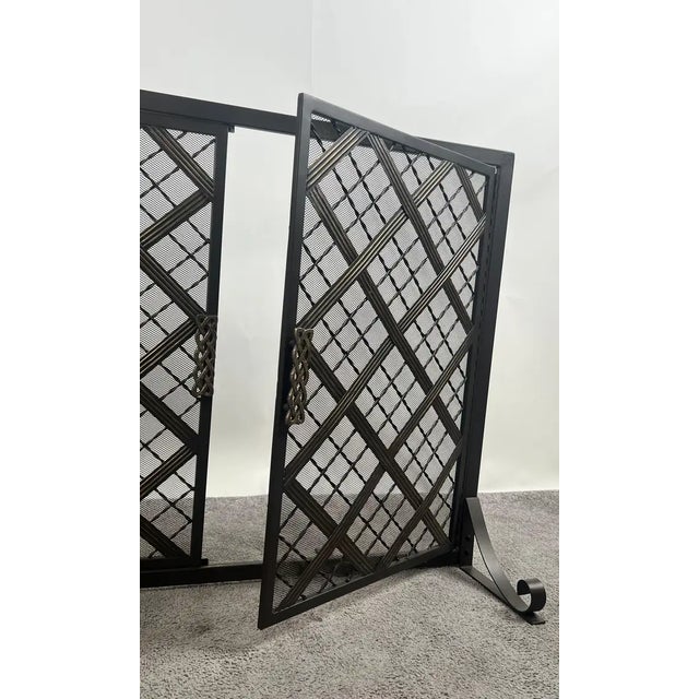 Black Art Deco Style Black & Bronzed Metal Two-Door & Diamond Design Fireplace Screen For Sale - Image 8 of 16
