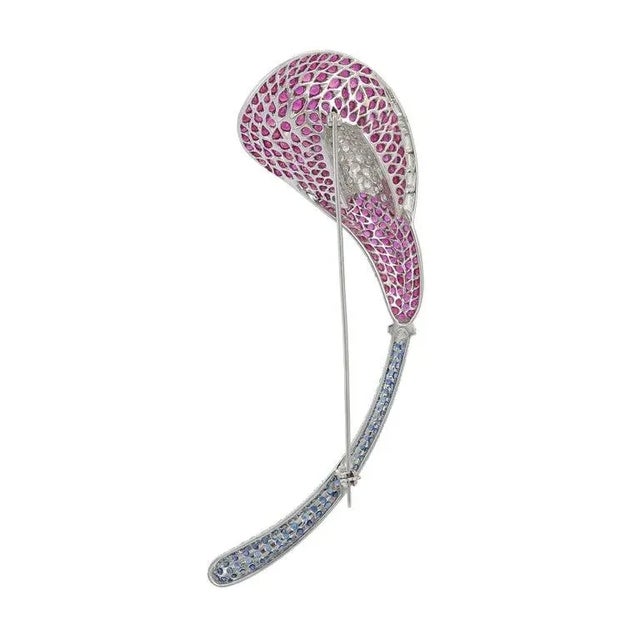 Ruby Red 6.3ct Ruby and Sapphire Brooch Pin With Diamonds in 18k Solid White Gold For Sale - Image 8 of 14