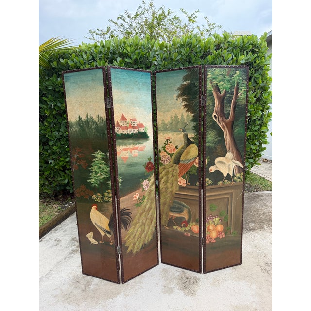 Vintage Hand-Painted Peacock & Landscape Four-Panel Folding Screen For Sale - Image 4 of 16