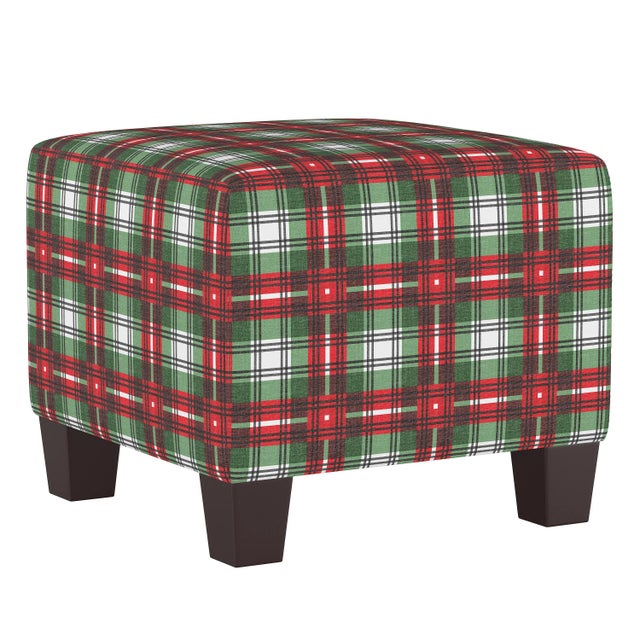 Spritely Home Square Ottoman in Green Nicolas Plaid For Sale - Image 4 of 5
