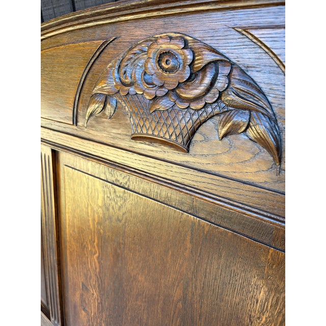 Antique Solid Oak 55'' Wide Panel Bed With Matching Rails & Carved Floral Headboard & Footboard For Sale - Image 4 of 9