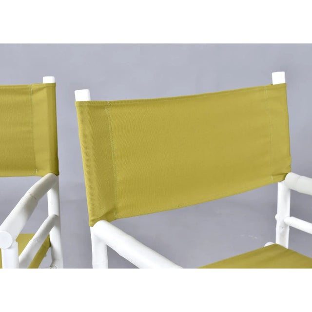 Wood Set of 4 Vintage White Rattan Bamboo Canvas Sling Folding Directors Chairs For Sale - Image 7 of 16