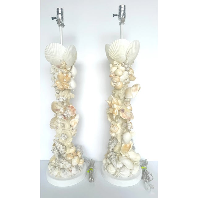 Tall Coastal Seashell Encrusted Column Lamps - a Pair For Sale - Image 4 of 12