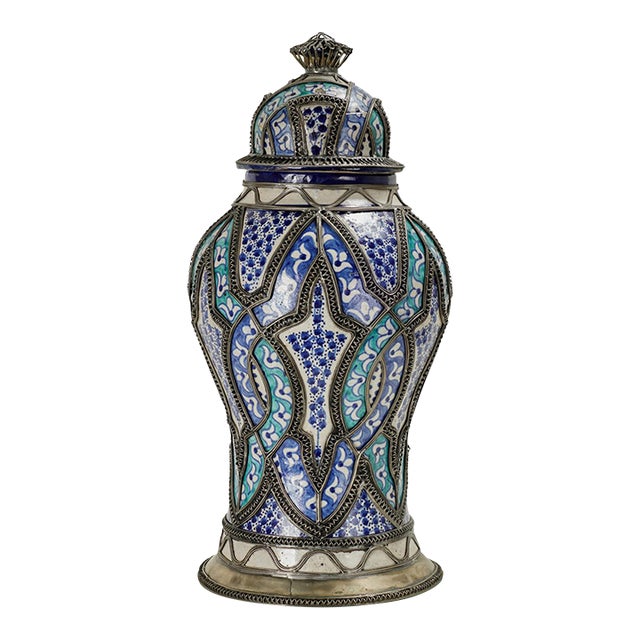 Vintage Moroccan Earthenware and Metal Lidded Urn For Sale