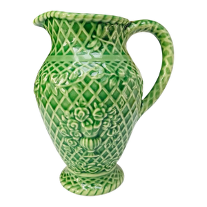 Green Portuguese Earthenware Basket Weave Pitcher by Rose Garden