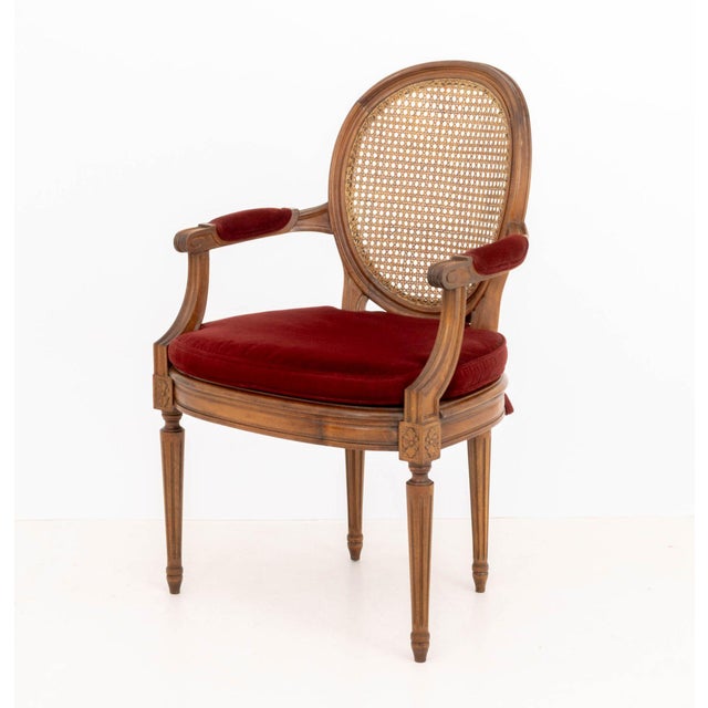 Pair of Louis XVI Style Red Velvet Upholstered Cane Paneled Walnut Fauteuils For Sale - Image 12 of 13
