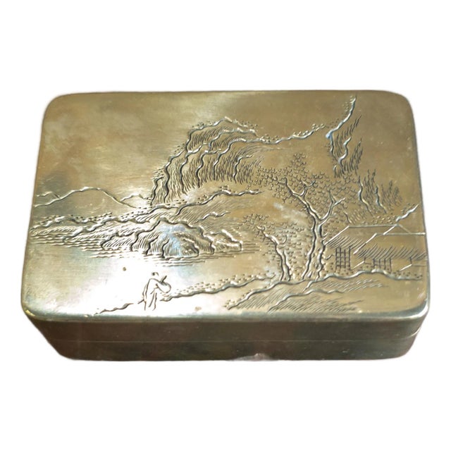 19th Century Chinese Paktong Scholar's Inkstone Box With Engraved Landscape For Sale