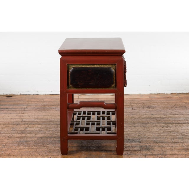 Mid 20th Century Chinese Red Lacquered Console Table with Hand Carved Drawers and Geometric Shelf For Sale - Image 5 of 12