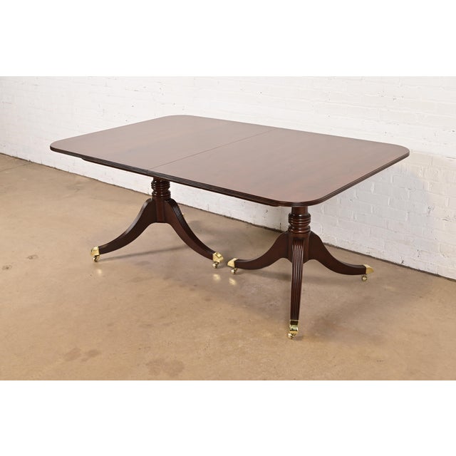 Brown Baker Furniture Georgian Banded Cherry Wood Double Pedestal Extension Dining Table, Newly Refinished For Sale - Image 8 of 15