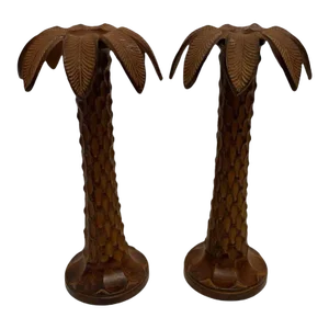 Vintage Heavy Metal Palm Tree Candle Stick Holders, Made in India- a Pair