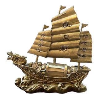 Late 19th Century Gilt Bronze Dragon Boat Statue, Treasure Ship Figure, 1.3kg For Sale
