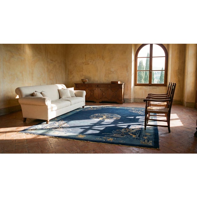 Radiant Navy Blue Color With Beautiful Florid Design Antique Chinese Peking Rug For Sale - Image 14 of 15