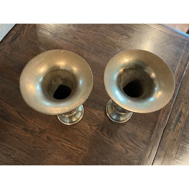 Chinoiserie Pair Heavy Brass Antique Gu Vases For Sale - Image 3 of 10