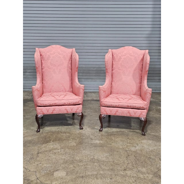 Queen Anne Pair of Late 20th Century Southwood Mahogany Queen Anne Style Wing Chairs Silk Damask Fabric For Sale - Image 3 of 11