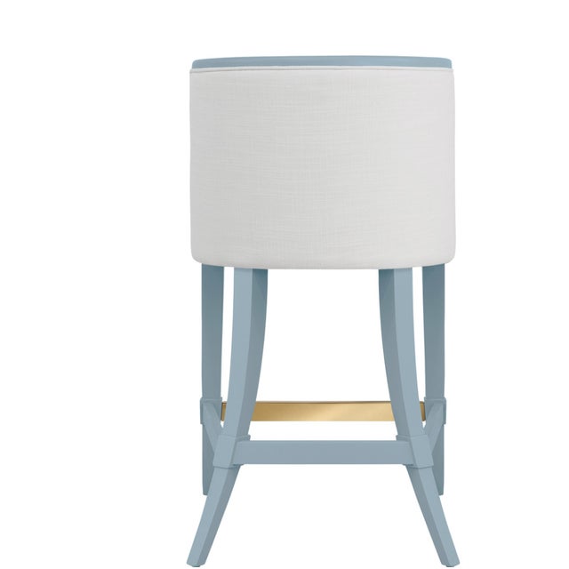 Worlds Away Matthew Izzo Home Keaton Matte Light Blue Lacquer Klismos Leg Counter Stool With White Performance Linen and Brass Foot Rail For Sale - Image 4 of 6