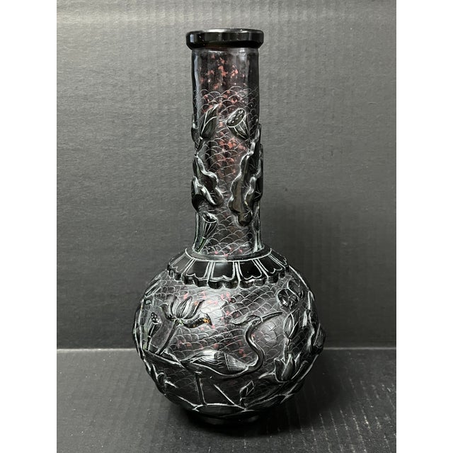 Chinese Art Dark Brown Peking Glass Overlay Bottle Neck Vase With Bird and Floral Design For Sale - Image 4 of 10