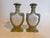 Vintage ceramic pair of perfume bottles with decanters. Pastel green and white. The bottom of the bottles have no markings.