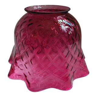 Mid-Century Fenton Style Diamond Quilted Cranberry Glass Ruffled Lamp Shade For Sale
