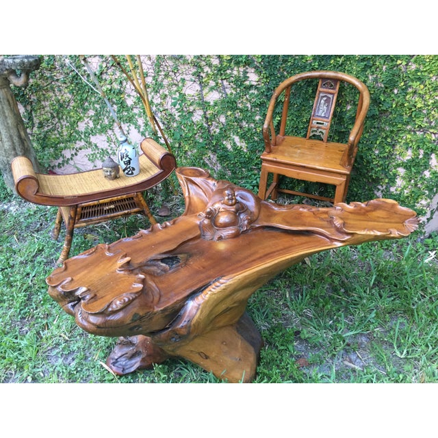 Nakashima Style Tree Trunk Coffee Table With Buddha | Chairish