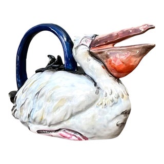 Vintage Coastal Glazed Ceramic Pelican Teapot For Sale