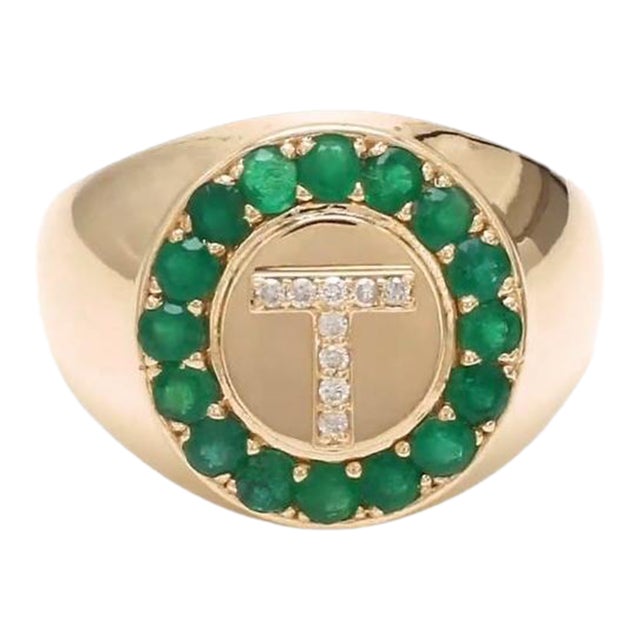Natural 0.89 cts zambian emerald & 0.06 cts diamond T letter ring in 14k gold For Sale