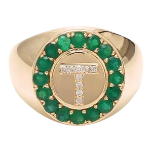 Natural 0.89 cts zambian emerald & 0.06 cts diamond T letter ring in 14k gold
