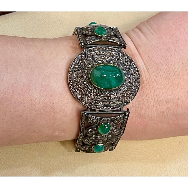 Bangle Bracelet Victorian Diamond Emerald Cabochon 14K Gold, Silver, Yellow Gold For Sale - Image 16 of 18