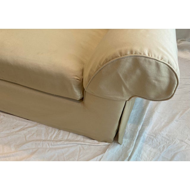 Textile A. Rudin Upholstered Silk Roll Arm Sofa Loose Back &Seat Cushions With Dressmakers Skirt Four Decorative Pillows For Sale - Image 7 of 12