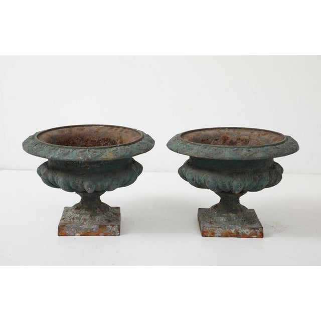 Green Pair Green Cast Iron Urns, France Early 20th C. For Sale - Image 8 of 11