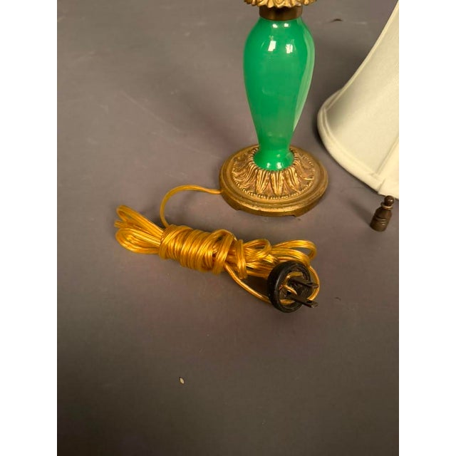 French Bronze & Green Glass Table Lamp With Porcelain Flowers and Silk Shade, Circa 1920 For Sale - Image 11 of 11