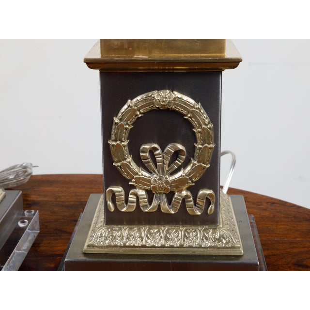 Pair of French Midcentury Steel and Brass Truncated Obelisk Table Lamps For Sale - Image 4 of 10